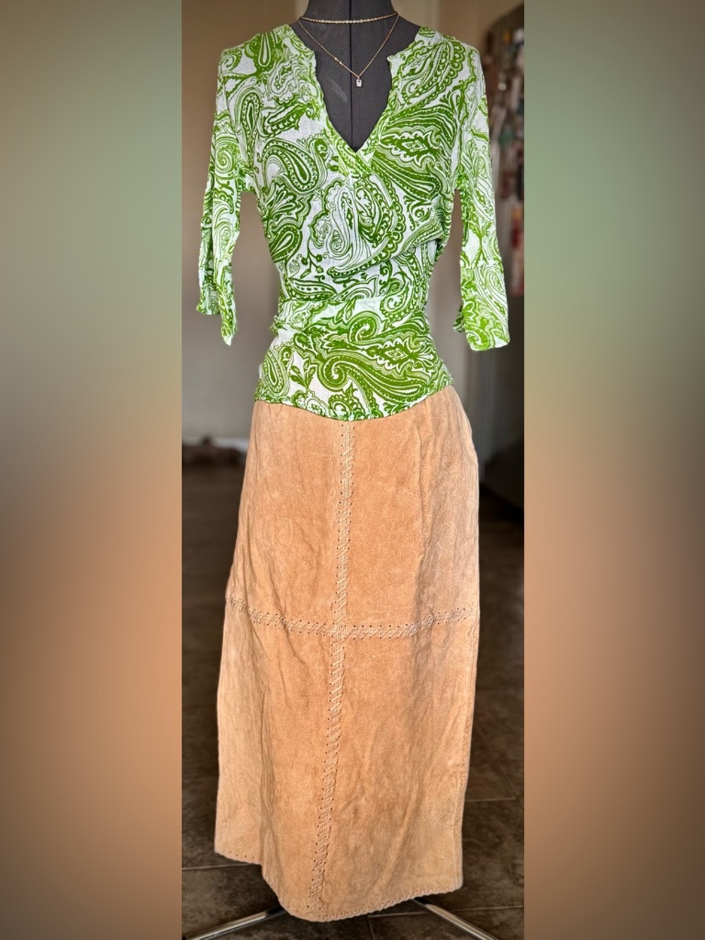 Vintage NWT Selene Genuine Leather Patchwork Woven Maxi Skirt Tan Brown M